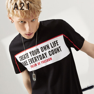 

Pure online brand A21 2019 summer new mens color contrast street style mens round neck short sleeve English T-shirt R491131027 black 17084AM