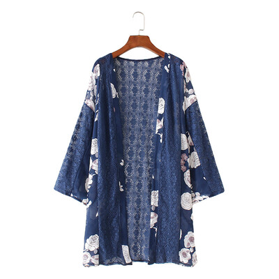 

New Women Chiffon Kimono Cardigan Floral Print Hollow Out Loose Outerwear Beachwear Bikini Cover Up Blue