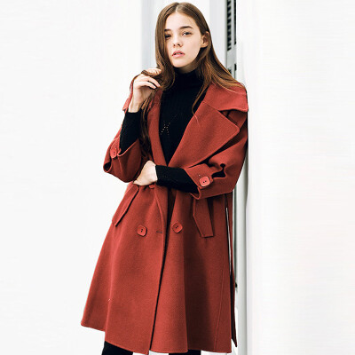 

Her pool womens 2018 autumn&winter new woolen coat lapel in the long paragraph seven-point sleeves with a woolen coat with belt T74H2771A424L brick red