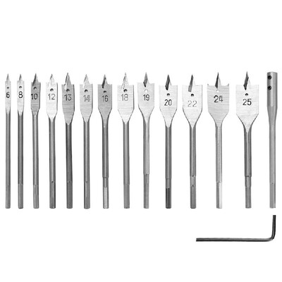 

15pcs Flat Spade Drill Bits Set Metal Bit Kit Hex Shank Woodworking Tool Accessories