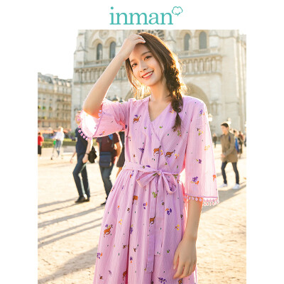 

INMAN 2019 spring new V-neck literary floral retro stripes waist slim loose A-line dress female 1891104283 pink