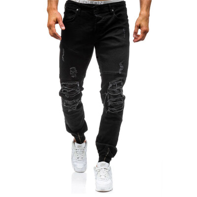 

AOWOFS Mens trousers trend washed cotton jeans Shredded Jeans Slim pants 6011