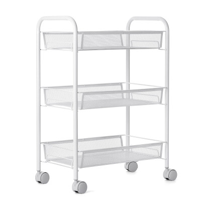 

Multifunctional 3-Tier Mesh Wire Rolling Cart Kitchen Bedroom Bathroom Living Storage Rack Organizer--White