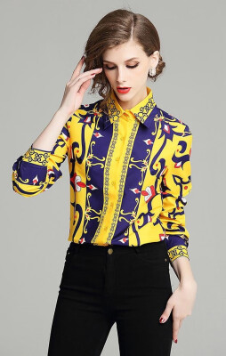 

M L XL vintage new autumn 2018 women blouse shirt long sleeve black gold digital flower print elegant office top lady