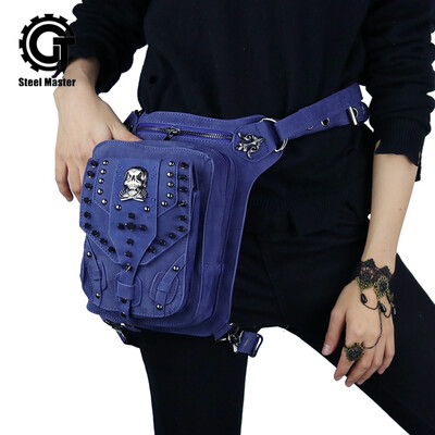

steel master Punk Shoulder Waist Bags Retro Rock Blue Waist Packs Mortorcycle PU Leather Crossbody Bags