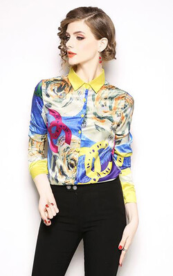

M L XL XXL vintage new autumn 2018 women blouse shirt long sleeve gold blue print elegant office top lady
