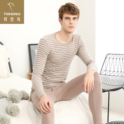 

Filament bird TINSINO thermal underwear personal men&women round neck stripes slim thick couple models autumn clothing long pants set horizontal strips of velvet coffee L