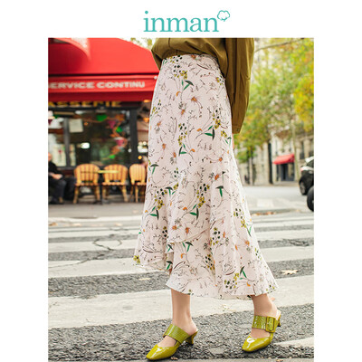 

INMAN 2019 spring new high waist was thin literary floral retro holiday wind casual A word half length skirt female 1891111494 meters white S