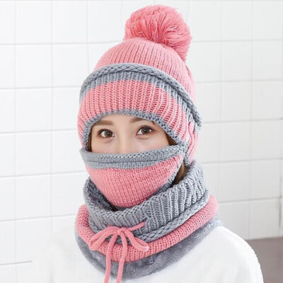 

Fashion Women Winter Beanies Knitted Hat Thickened Woolen Cap with Soft Warm Mask&Neck Scarf 3 Pieces Set