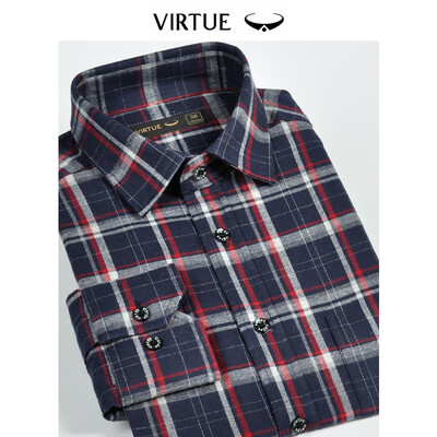 

Virtue rich cotton velvet plaid male shirt 2019 spring new casual comfortable mens cotton sanded long-sleeved shirt FFC53034411 Navy blue big 43