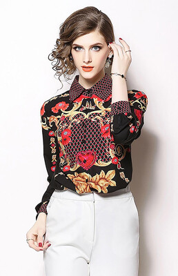 

S M L XL vintage new autumn 2018 women blouse shirt long sleeve black red gold digital flower print elegant office top lady