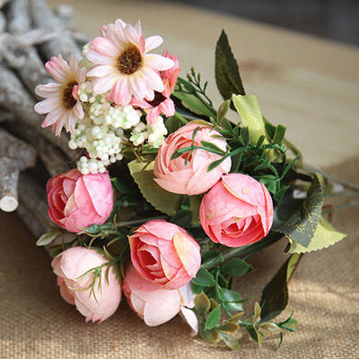 

UpperX Artificial Rose Bouquet Fake Silk Flower Bridal Wedding Party Home Garden Floral champagne