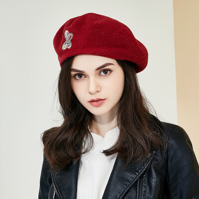 

Lan Shiyu M0542 beret female autumn&winter Korean version of the tide fashion college wind wild painter hat wool embroidery hat wine red