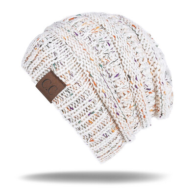 

Women Stretch Knitted Beanie Hat Slouchy Mixed Color Hole Messy Bun High Ponytail Cool Winter Warm Cap