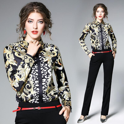 

S M L XL XXL vintage new spring 2019 women blouse shirt long sleeve black gold digital print office top lady