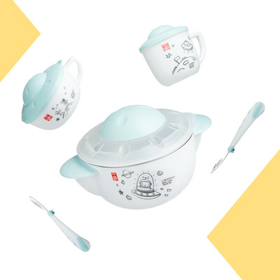 

Gb good childrens tableware complementary food bowl baby sucker bowl water injection insulation bowl single ear bowl water cup spoon fork stainless steel cutlery 5 piece set UFO series blue&white