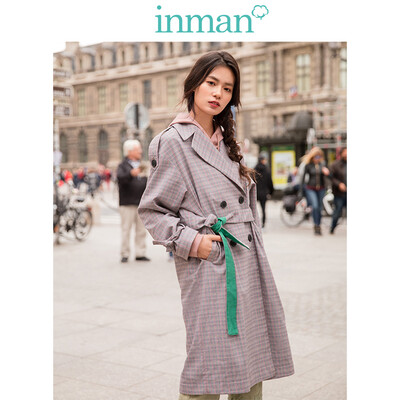 

INMAN 2019 spring new lapel vintage checkered port wind casual loose long-sleeved windbreaker jacket female 1891061365 red grid color M
