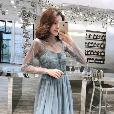 

Langyue womens 2019 spring new long-sleeved dress mesh shirt suspender dress suit skirt Korean version of the fairy skirt LWQZ191143 blue gray M
