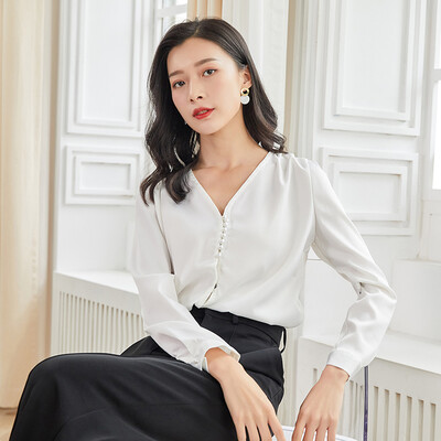 

Marc Rebecca V-neck commuter solid color fashion beaded long-sleeved shirt female satin top 92003T white S