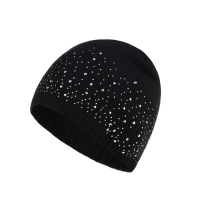 

Winter Warm Knitted Crochet Wool Hat Women Skull Rhinestone Beanie Cap Slouchy Skiing Hat dark grey