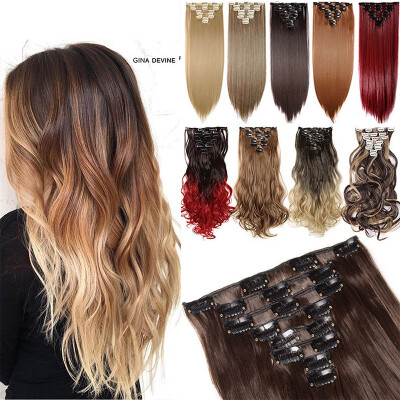 

17" Curly 8 Pcs Full Head Clip in Hair Extensions Synthetic 8 Piece 18 Clips Hairpiece Long Wave Trendy Design for Women