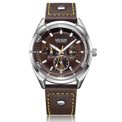 

MEGIR Chronograph Sport Watch Men Clock Quartz Leather Strap Luminous Wristwatch