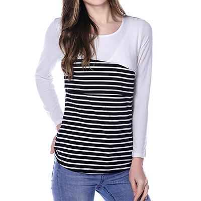 

Womens Maternity Striped Nursing Breastfeeding Shirt Long Sleeves Top Clothes Blue S