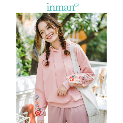 

INMAN 2019 spring new age literary flower embroidery embroidery shoulder long sleeve hooded pullover sweater female F1891082671 pink