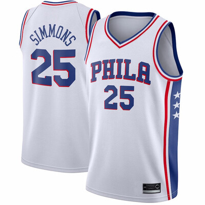 

2019 New Mens Philadelphia 76ers 25 Ben Simmons Red White Gray Blue Basketball Jersey Size -XXL