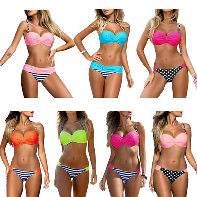 

Sexy Women Bikini Set Contrast Color Underwire Push-Up Striped Dot Print Swimwear Two-Piece Beach Swimsuit