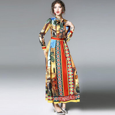 

S M L XL XXL vintage new spring 2019 long maxi dress women long sleeve gold digital print slim A line ankle length bow elegant