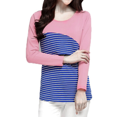 

Womens Maternity Striped Nursing Breastfeeding Shirt Long Sleeves Top Clothes Blue S