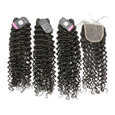 

Superior Grade mix 4 bundles with lace closure Brazilian Italian Curly Virgin Human hair extensions