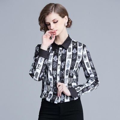 

L XL XXL elegant new autumn 2018 women blouse shirt long sleeve black&white striped print office top lady