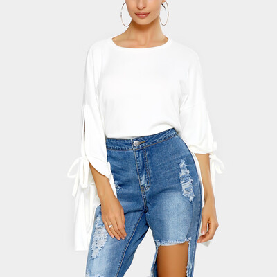 

New Fashion Women Autumn Winter Crop Top Round Neck Strappy Slit Sleeves Solid Color Cropped T-Shirt
