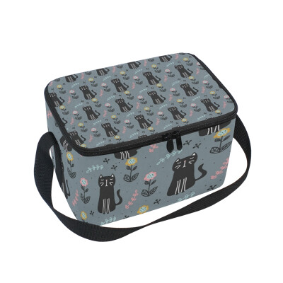 

ALAZA Insulated Lunch Box Black Flower Cats Lunch Bag for Men Women Portable Tote Bag Cooler Bag