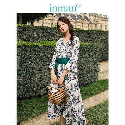 

INMAN 2019 spring new V-neck retro floral art holiday wind thin loose A-line dress long skirt female 1891104545 meters white S