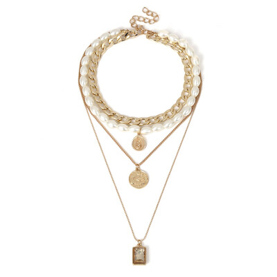 

Vintage Coin Gemstone Sweater Chain Female Personality Temperament Multi-Layer Pearl Necklace Random Collocation is Very Beautiful