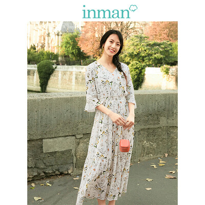 

INMAN 2019 spring new V-neck retro floral art holiday wind thin loose A-line dress long skirt female 1891104544 white S