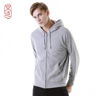 

JZAO mens sweater thick brushed sweater hooded zipper sweater light flower gray M code