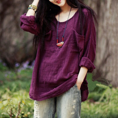 

New Korean Women Loose Cotton Casual Long Sleeve Ethnic Vintage Solid T-Shirt Top Tunic Dress