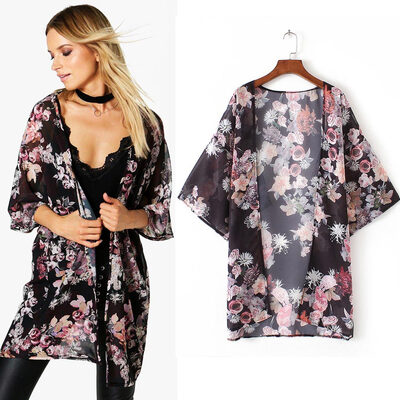 

New Women Chiffon Loose Cardigan Open Front Floral Print 34 Sleeves Beach Thin Vintage Outerwear Black