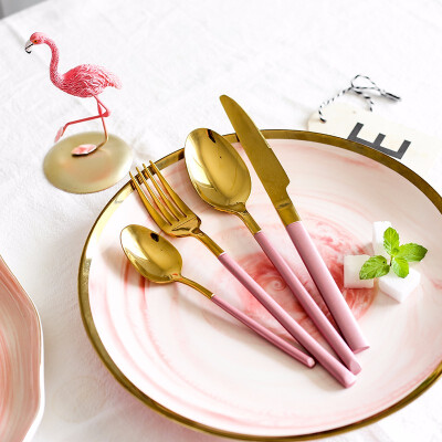 

STRUST 4 PCSSET 304 STAINLESS STEEL PINK AND GOLDEN COLOR ELEGANT RESTAURANT CUTLERY SET