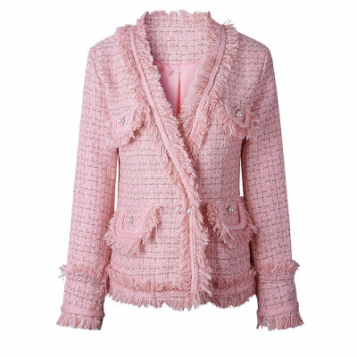 

New pink tweed small sweet wind long-sleeved cardigan of brief paragraph woollen coat female 8107