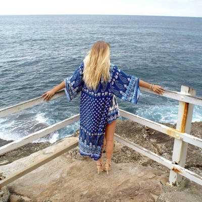 

Women Long Print Chiffon Beach Cover Ups Split Hem Open Front Three Quarter Sleeves Bikini Cover Kimono Beachwear