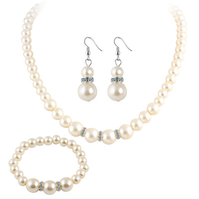 

3 Pcs Stylish Fashion Elegant Euramerican Pearl Crystal Diamond Necklace Earrings Ear Stud Bracelet Jewelry Set Accessories Gifts
