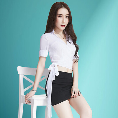 

2018 summer fashion OL professional suit show waist short shirt short skirt two-piece sexy low-cut perspective night field female