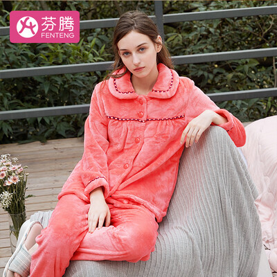 

Fenton coral velvet ladies pajamas simple&generous lapel cardigan home service suit pajamas female winter H9446536 watermelon red