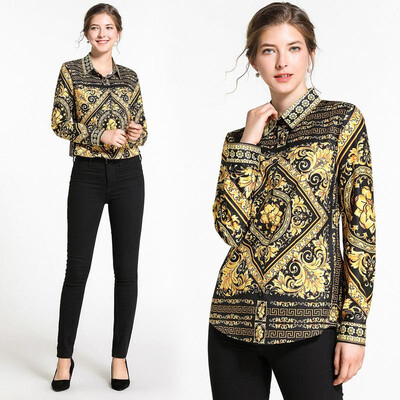 

M L XL XXL vintage new spring 2019 women blouse shirt long sleeve black gold digital print office top lady
