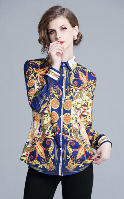 

L XL XXL vintage new autumn 2018 women blouse shirt long sleeve blue gold digital flower print elegant office top lady